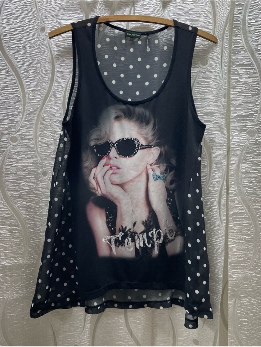 Tricotto Graphic Tank Top Womens S‎ Black Polka Dot Rhinestone Embellished